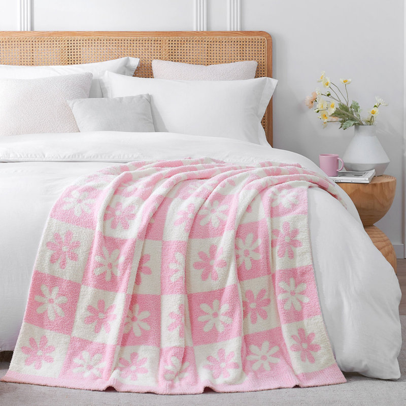 Jeté à carreaux réversible, Motif floral rose