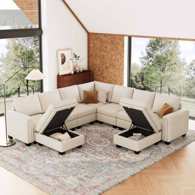 Canapé modulaire en velours de salon avec 2 repose-pieds avec rangement Shavera, Velours beige