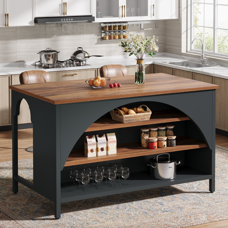 Kitchen Island With 3 Storage Shelves, 55 Inch Farmhouse Kitchen Shelf Bar Table With Large Worktop, Retro Brown and Black