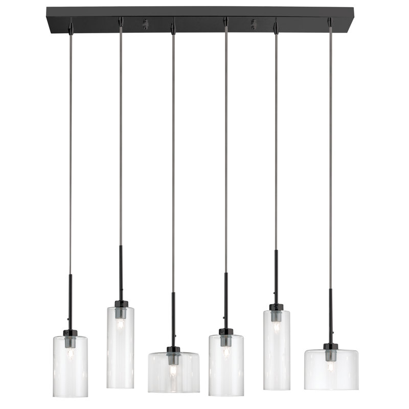 Luminaire suspendu halogène horizontal 6 lumières, laiton vieilli avec verre transparent, Noir
