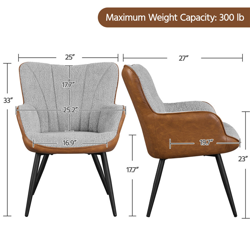 Bakhyt 25" Wide Upholstered Curved Back Armchair, Black, Gray/Retro Brown Boucle