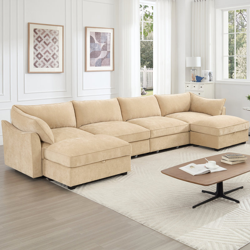 En forme de U à 4 places avec 2 repose-pieds mobiles, 6 rangements modulaires escamotables sous les sièges, chenille de blé, bordures de coussin passepoilées, structure en forme de croissant douce et résistante à l'usure, siège avec accoudoirs intégré