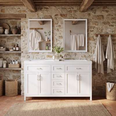Meuble-lavabo double lavabo blanc de 150 cm (59,1 po), lavabos intégrés en résine, fini laqué lisse, portes et quatre tiroirs à fermeture amortie, poignées métalliques, meuble de rangement minimaliste pour salle de bain, robinetterie non incluse