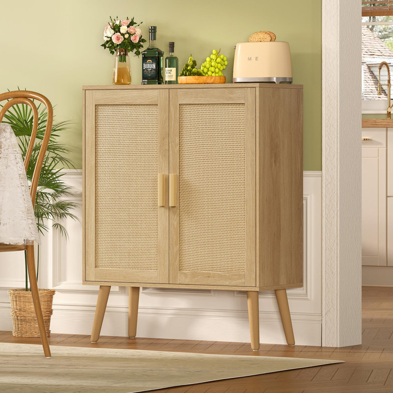 Storage Cabinet with Adjustable Shelf, Rattan Cabinet with 2 Doors