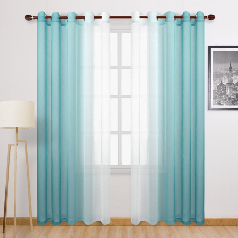 2 Panels Ombre Sheer Curtains Faux Linen Semi Voile Gradient Farmhouse Style Curtains, Grommet Top Window Drape Panels for Bedroom and Living Room