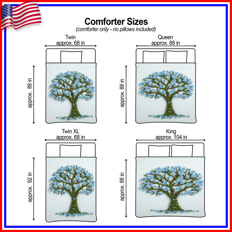 Couette avec motif d'arbre à fleurs, King, Medium Green Light Blue