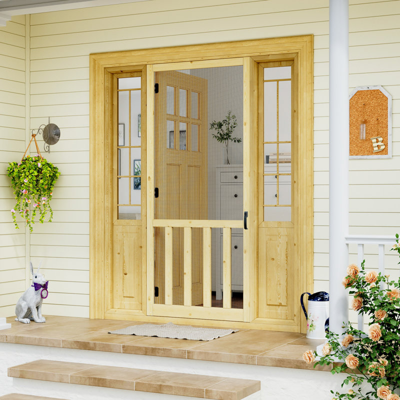 Porte d'entrée moustiquaire H 80 po porte d'entrée extérieure en bois de pin à peindre anti-insectes pour animaux avec poignée de porte moustiquaire 