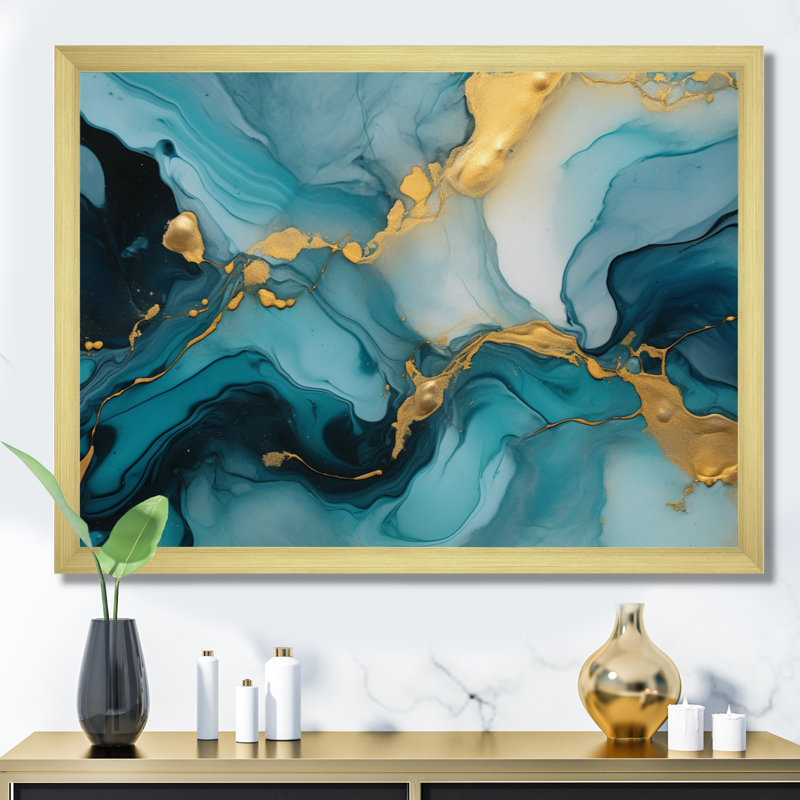 Turquoise doré infusé marbre II - fractales, art mural, Cadre doré à une seule photo, H 12 po x l 20 po x P 1 po