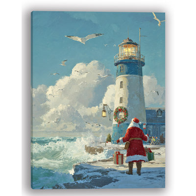 Père Noël par le phare - art mural sur toile de Noël côtier