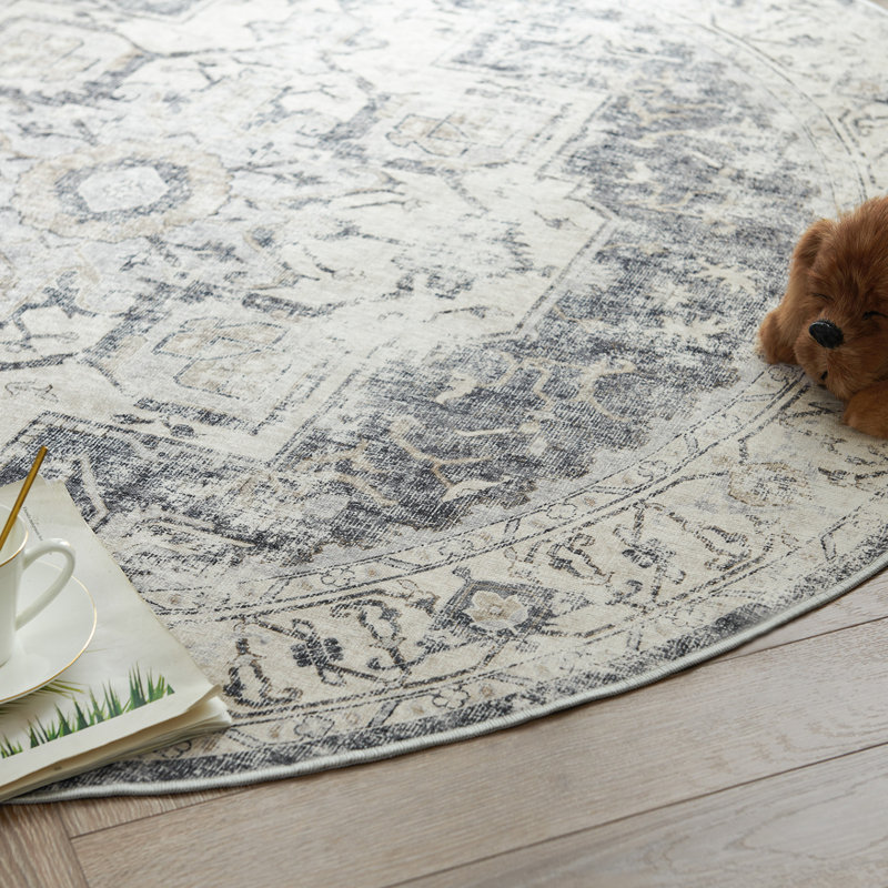 Rens Moroccan Chenille Mashine Washable Indoor Arae Rug with Non-Slip Backing , Round 5', Medallion Gray
