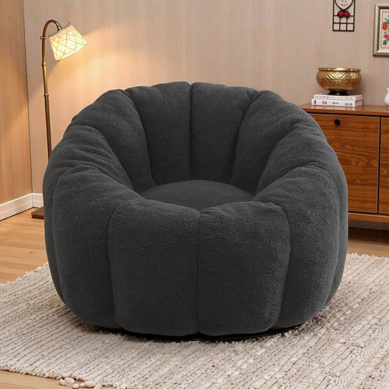 Compression Pumpkin Bean Bag Sofa For Adults, Soft Teddy Fabric Bean Bag Chair, Dark Gray Teddy