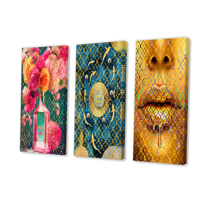 Vase de parfum haute couture avec fleurs II sur toile, 3 pièces, H 28 po x l 36 po x P 1 po