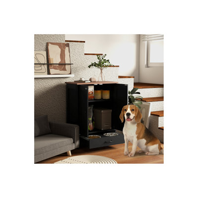 Station d'alimentation pour chien, armoire de rangement pour nourriture pour chien avec bols cachés pour chien, panneau réglable, crochets pour chiens de taille moyenne