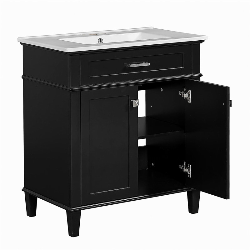 Meuble-lavabo de 30 po avec lavabo en céramique, portes à fermeture en douceur et tablettes réglables, Noir