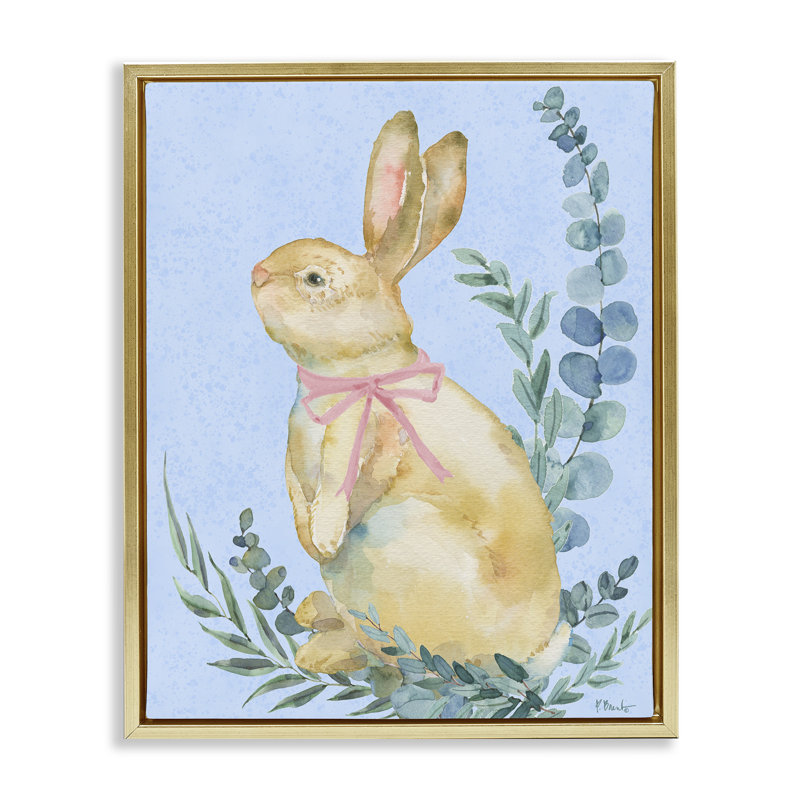 Lapin d'eucalyptus sur cadre flottant bleu, design par Paul Brent, H 21 po x l 17 po, Cadre flottant métallique doré