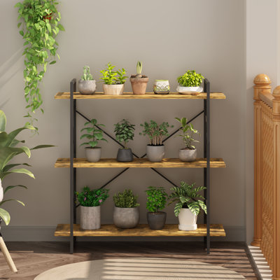 Bibliothèque à 3 niveaux, bibliothèque horizontale avec tablettes de rangement ouvertes, support pour plante industrielle rustique, tablette en bois et métal pour le salon, la chambre à coucher et le bureau personnel (brun rustique)