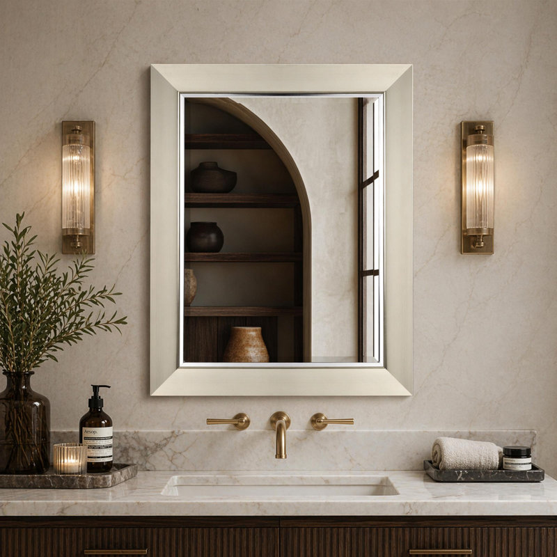 Ebern Designs Brushed Nickel Frame Vanity Mirror with Chrome Liner - 17" x 29", 29.25" x 23.25"