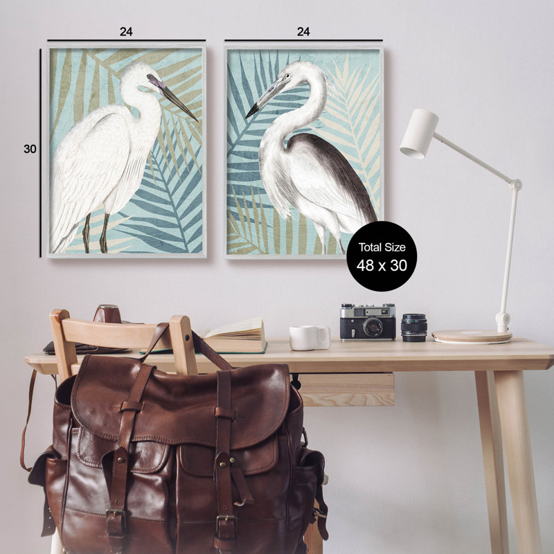 Heron Birds Layered Plant Leaves, H 30 po x l 24 po x P 1,5 po, Estampe numérique Farmhouse