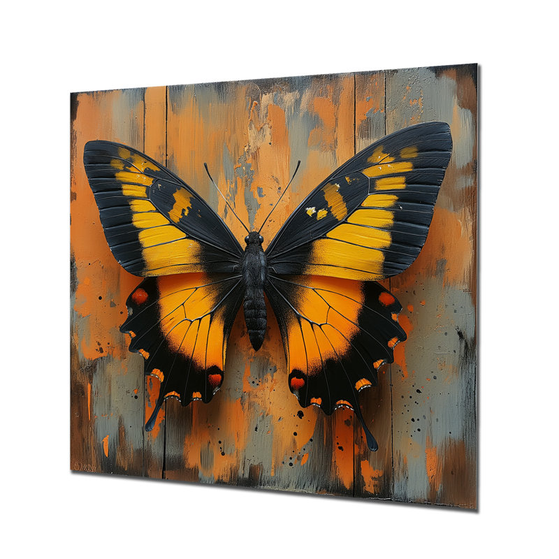 Reproduction d'art mural papillon noir et jaune rétro II, Métal métal, H 36 po x l 36 po x P 1,5 po