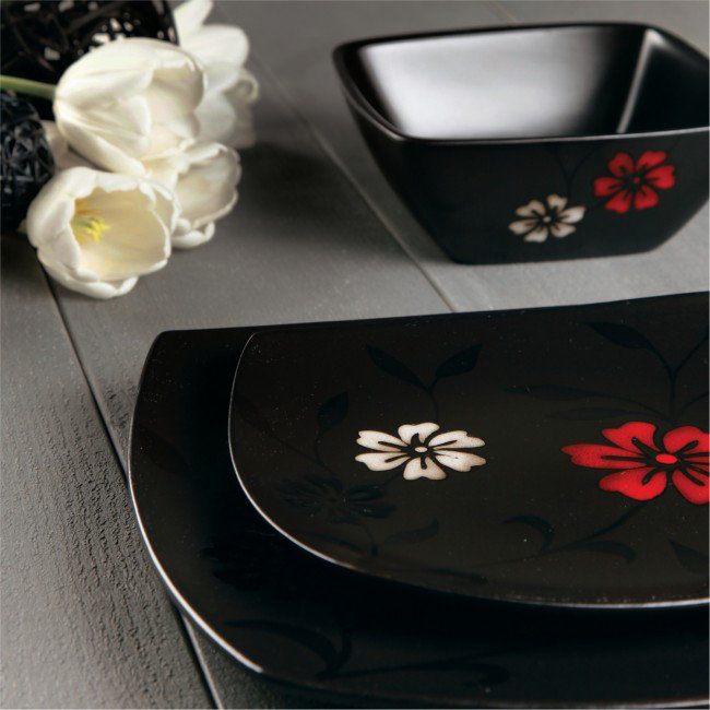 Black Ceramic Square Floral Dinnerware Set, Service for 4