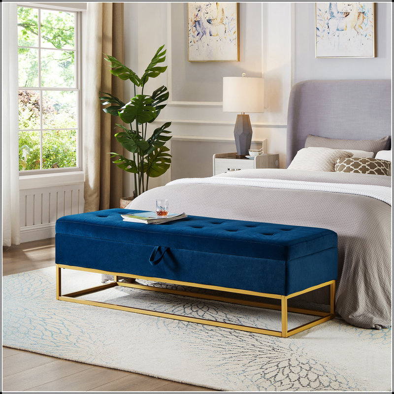 Base de lit en métal 58,6 po avec velours de rangement, Marine