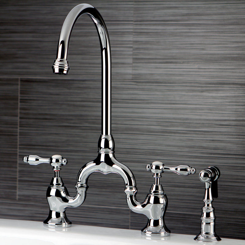 Kingston Brass Tudor Two-Handle 3-Hole Deck Mount Bridge Kitchen Faucet with Brass Side Sprayer, Chrome