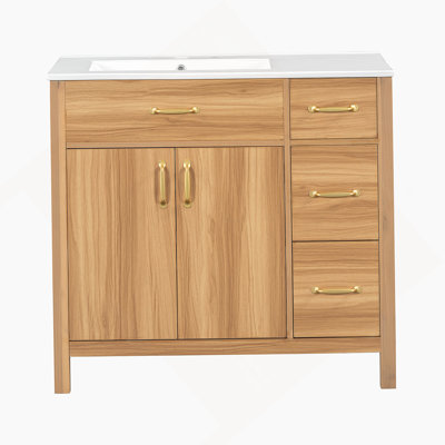 Meuble-lavabo de 36 po en bois avec cadre en bois massif, 2 portes à fermeture douce, 3 tiroirs à fermeture douce, tablette réglable, armoire de rangement moderne pour petites salles de bain