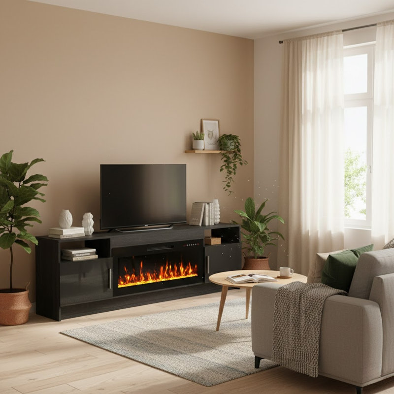 70" Fireplace TV Stand with 20-Color LED Lights for TVs up to 75", BLACK