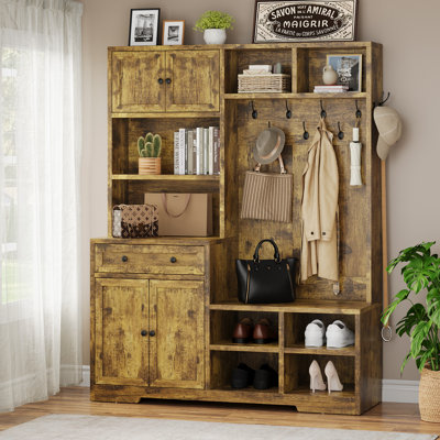 5-in-1 Hall Tree with Bench and Shoe Storage, 51" W Entryway Organizer Coat Rack with 9 Hooks, 2 Storage Cabinets, Drawer, Open Cubbies for Mudroom, Hallway, Living Room, Rustic Brown