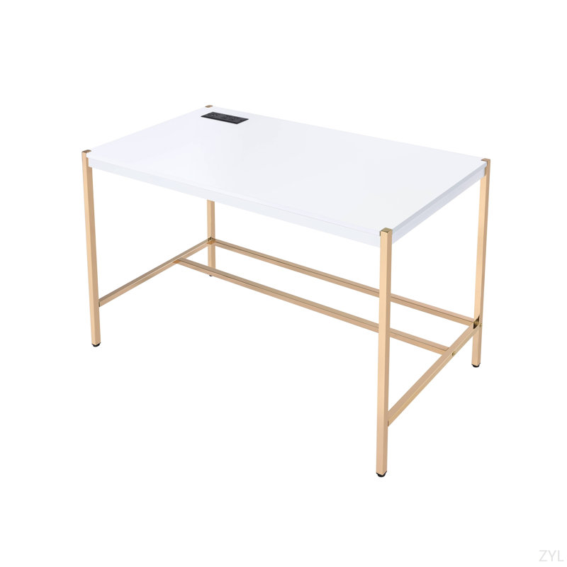 Midriaks Gold Finish Writing Desk W/USB, White/Gold