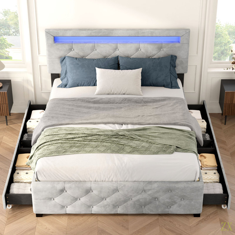 Base de lit tapissier avec rangement à 4 tiroirs et éclairage DEL, sans sommier tapissier, Lit double
