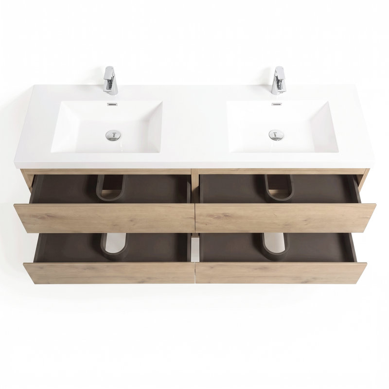 Meuble-lavabo mural en mélamine de bois naturel de 72 po, résistant à l'usure et aux égratignures, surface non poreuse et facile à nettoyer, préassemblé.