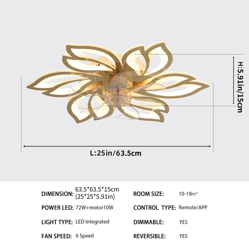  Angstrom 25" 7 - Blade Reversible Dimmable LED Flush Mount Ceiling Fan With Remote Control And App, Gold