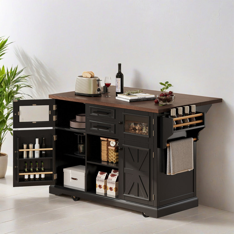 Kitchen Island With Drop Leaf, Power Outlet, 4 Door Shelves, Cross Barn Doors & Visual Glass Door, 2 Drawers, Towel Rack, Spice Rack And Adjustable Shelves