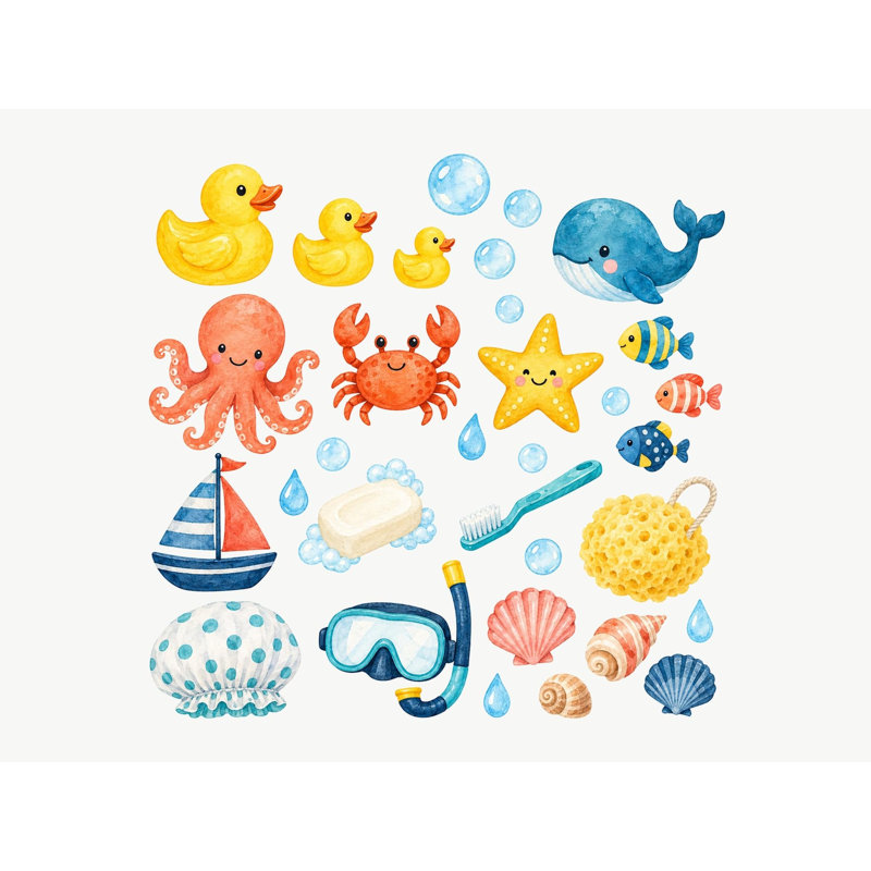 Bath Time Wall Decals, Set of 32 Peel and Stick Nursery Wall Stickers, Satin Finish Removable Kids Room Wall Art, 20"W x 20"H (50 x 50 cm)