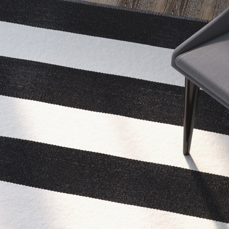 Tapis intérieur / extérieur rayé noir / crème Pasuruan, Rectangle 2 pi x 3 pi