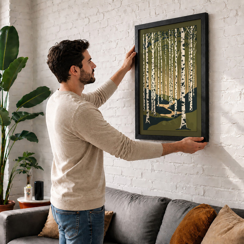 Rest Among Birches Japandi - Framed Print, A3 - 42.0 x 29.7 cm, Black