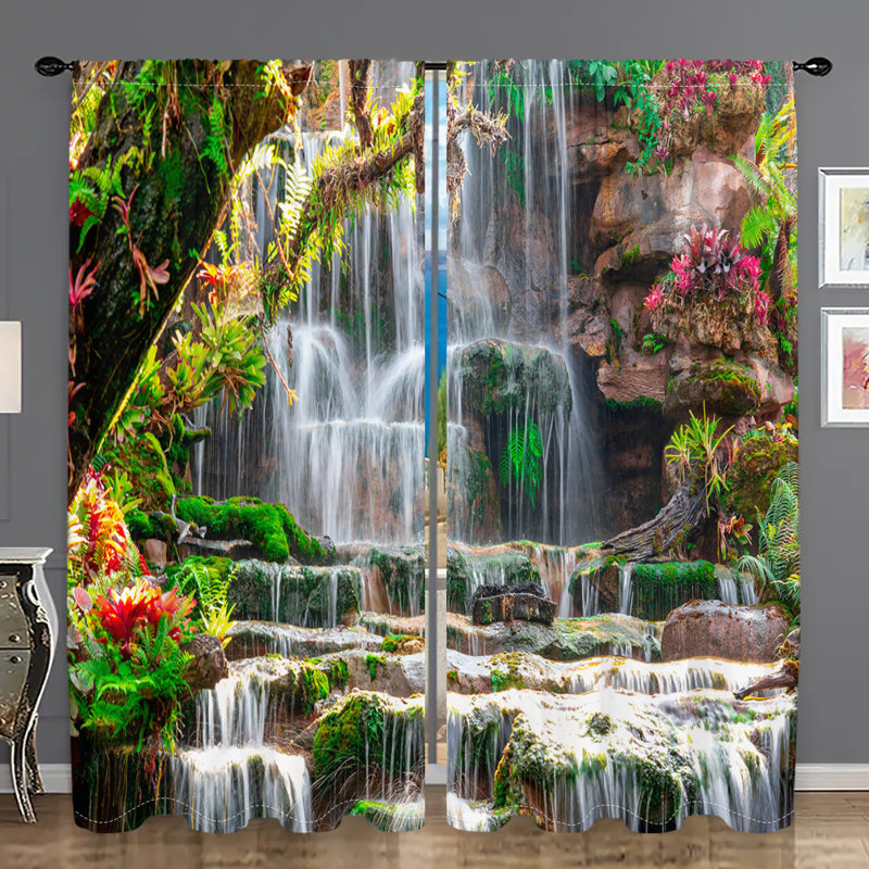 2Pcs Tropical Waterfall Landscape Curtains Nature Scenery Window Drapes Rod Pocket Sheer Curtain Panels Light Filtering Decorative Treatment for Living Room Bedroom Kitchen Dining Decor