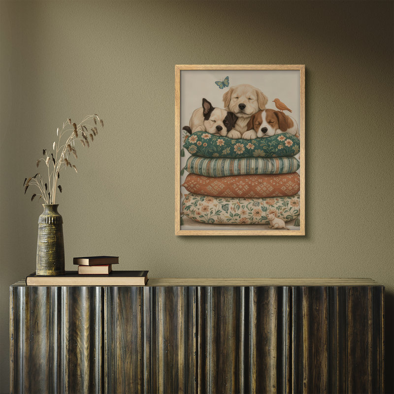Sleeping Puppies Framed Wall Art Prints - Cozy Animal Art for Nursery Bedroom, H 14 po x l 11 po, Naturel