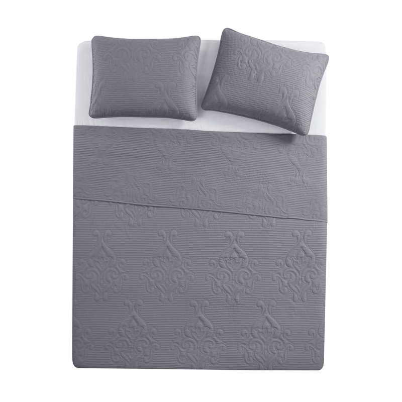Ensemble de courtepointe carrée 3 pièces Pinsonic, Courtepointe double/grand et 2 taies décoratives, Damas gris
