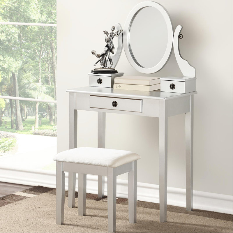 Silver Vanity Table And Stool - Wood Construction, 3 Storage Drawers, Adjustable Mirror For Makeup Artistry Fashionable In Oval Daily Beauty Care