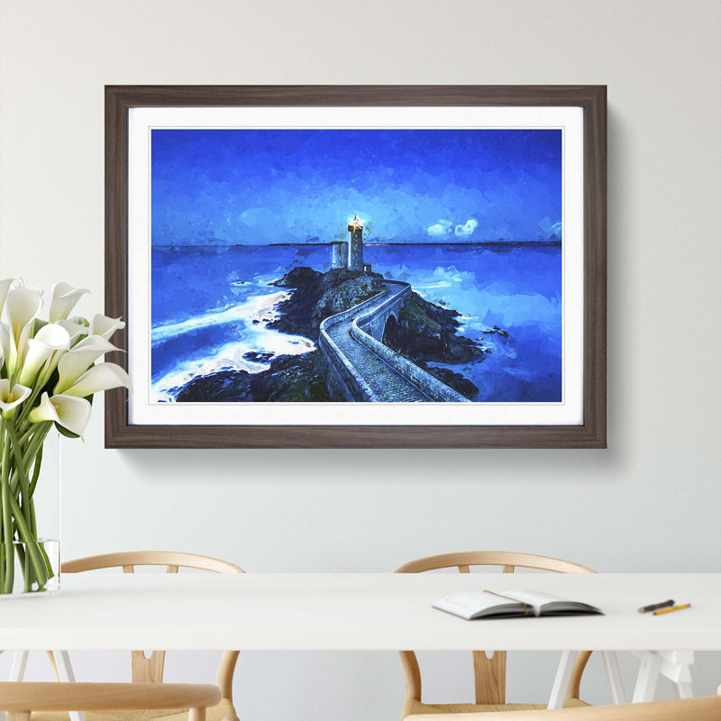 Lighthouse & Seascape in France in Abstract - Picture Frame Graphic Art Print, 48cm H x 65cm W x 2cm D, Walnut Framed