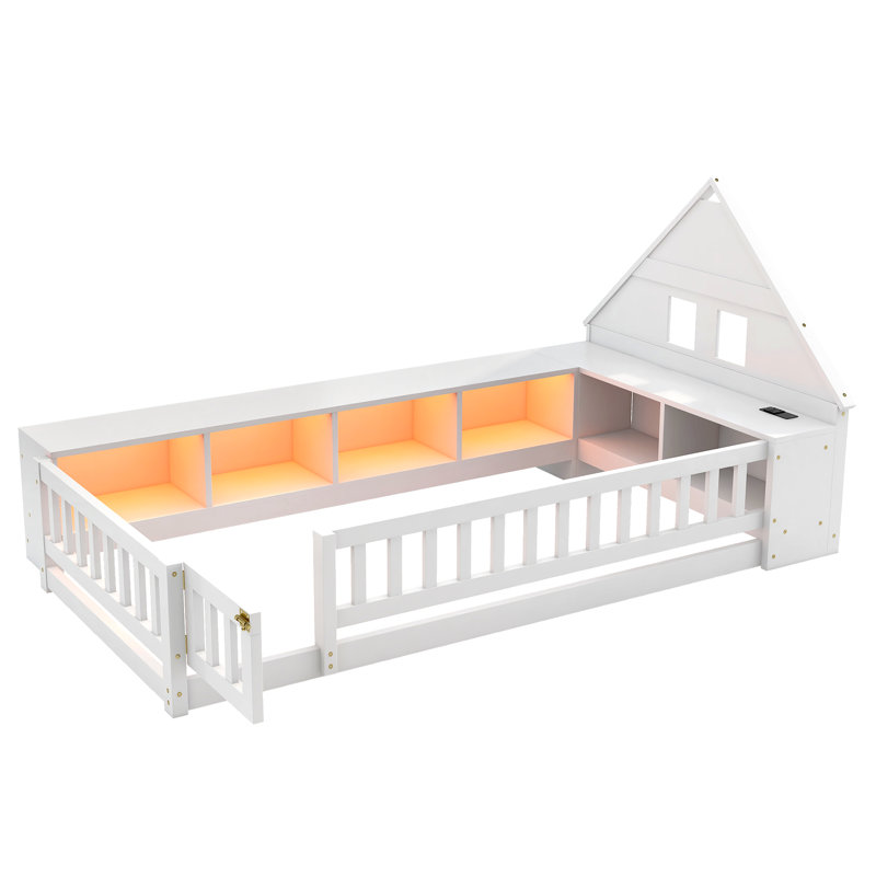 Lit simple au sol en bois avec armoires de rangement, DEL, USB et prises de courant, garde-corps, tête de lit, blanc, Blanc