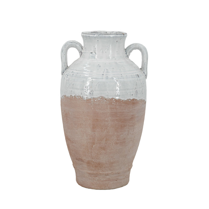 Terracotta Amphora Vase with Distressed White and Natural Tan Finish