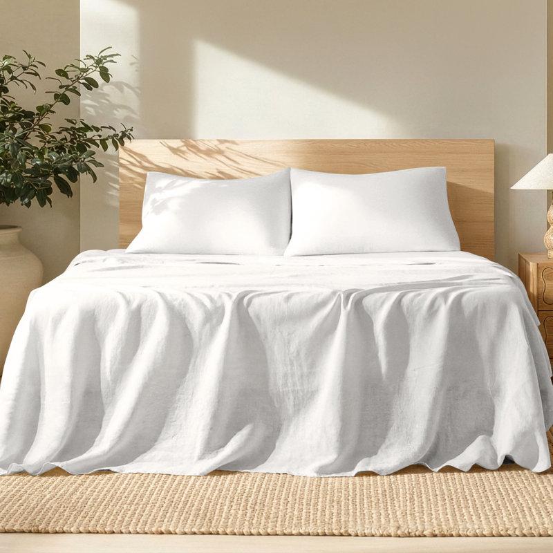 100% Linen Sheet Set, Twin Extra Long Sheet Set with 1 Pillowcase, White