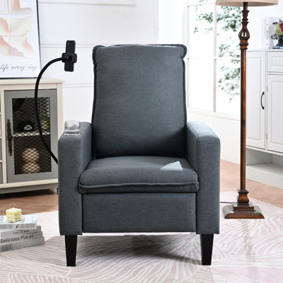 Fauteuil inclinable moderne pour adultes, réglable, avec porte-téléphone et porte-gobelet, accoudoirs rembourrés en mousse, style salon et chambre, gris, en tissu.