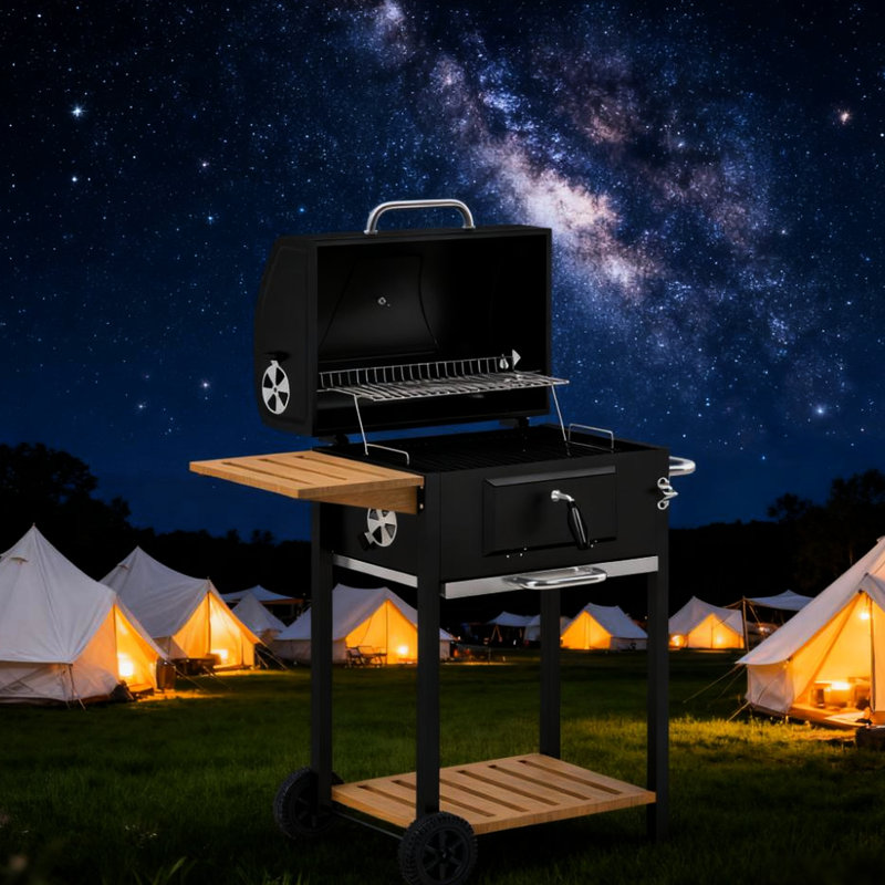 Barbecue portatif extérieur au charbon de bois noir avec poêle réglable, deux roulettes pour le mouvement et une poignée pratique
