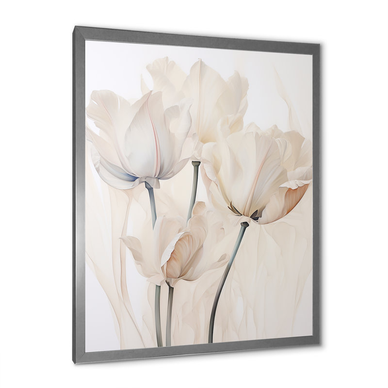 «Minimalisme beige tulipes symphonie I sur toile», Cadre simple argenté, H 32 po x l 24 po x P 1 po