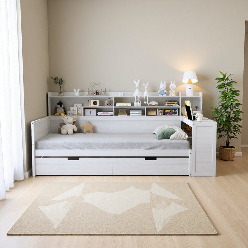 Lit de jour simple en bois avec tablettes de rangement, lit multifonctionnel avec deux tiroirs de rangement et bureau d'étude