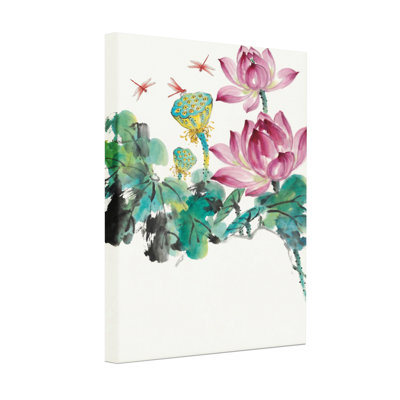 Lotus Flower And Dragonfly Watercolor Canvas Wrapped Wall Art Set Of 1